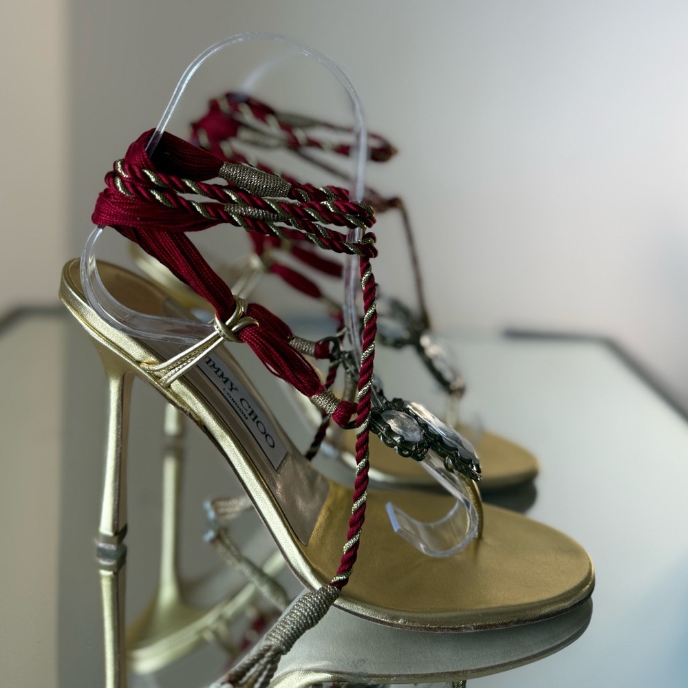 New Vintage Jimmy Choo Gold Jewel Thong Sandals with Burgundy Rope Tie 37 - Picture 4 of 12